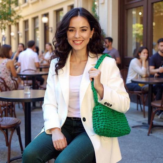 Sac à main au crochet fait main Menta de Cachalabibi - vert - porté en terrasse par une jeune femme assise