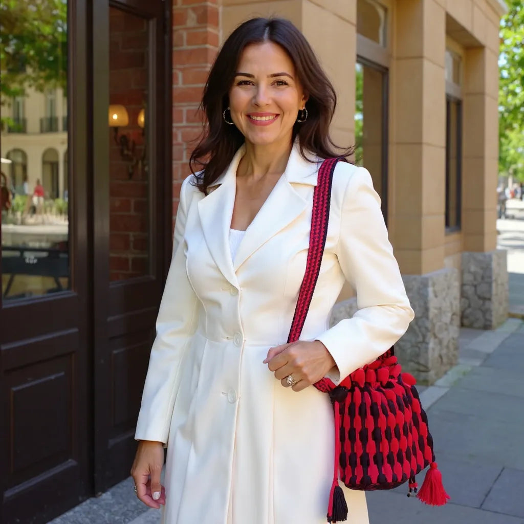 Sac à main au crochet fait main Rossonero de Cachalabibi - rouge et noir - vue de face d'une femme dans la rue