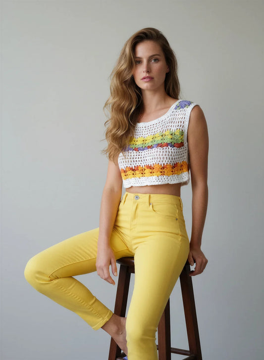 Top Cui-Cui – vue de face assise – top crochet fait main blanc résille rayures multicolores encolure ronde – Cachalabibi