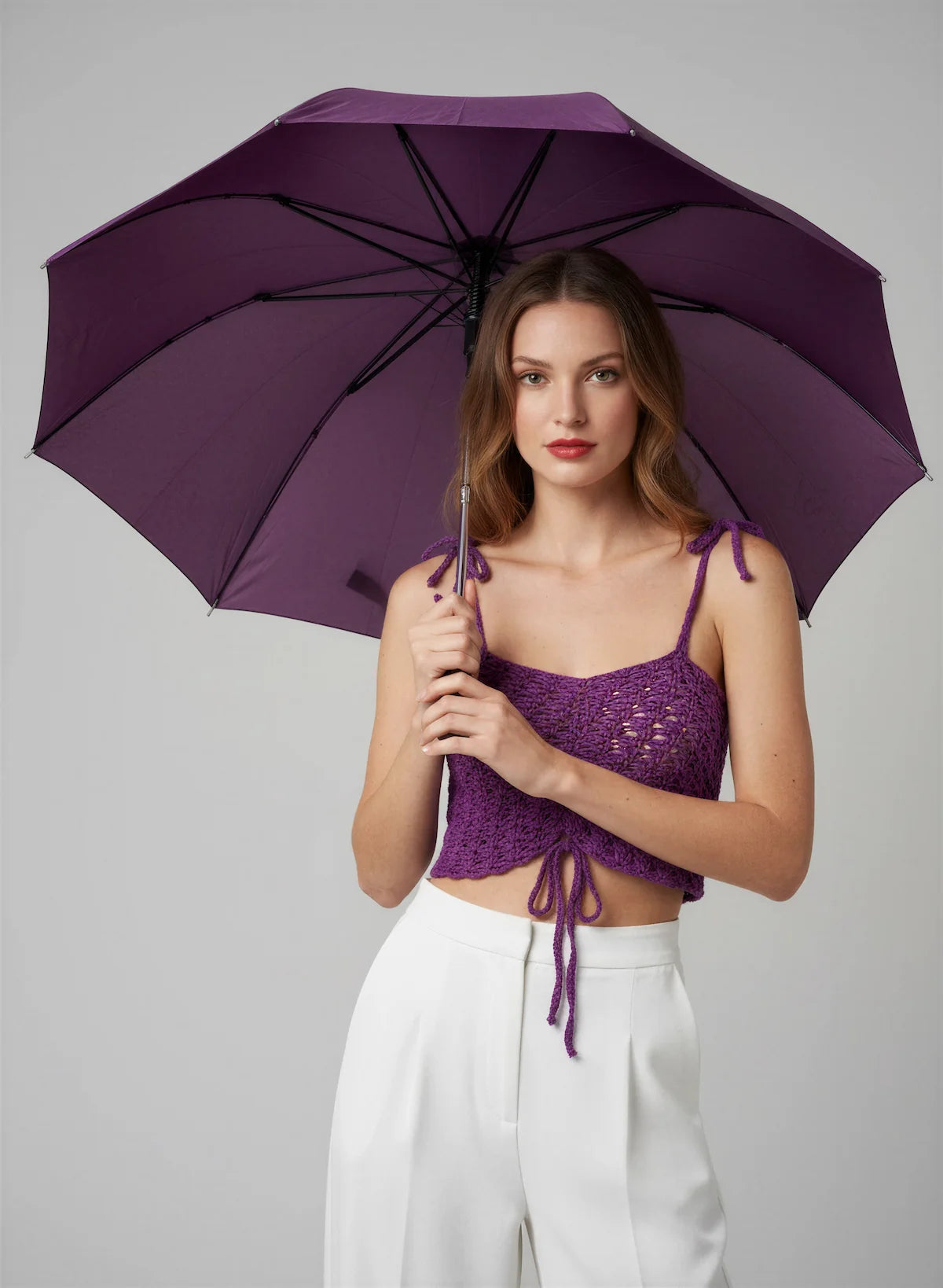 Top Purple Rain – détail lien fronce – top crochet fait main violet avec parapluie – Cachalabibi