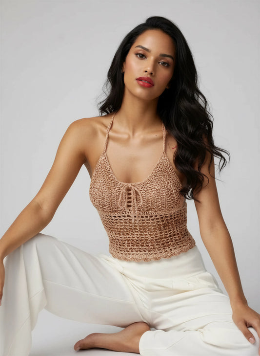 Top dos nu crochet fait main Caramelo caramel doré filet grandes mailles triangle V halter festonné – Cachalabibi