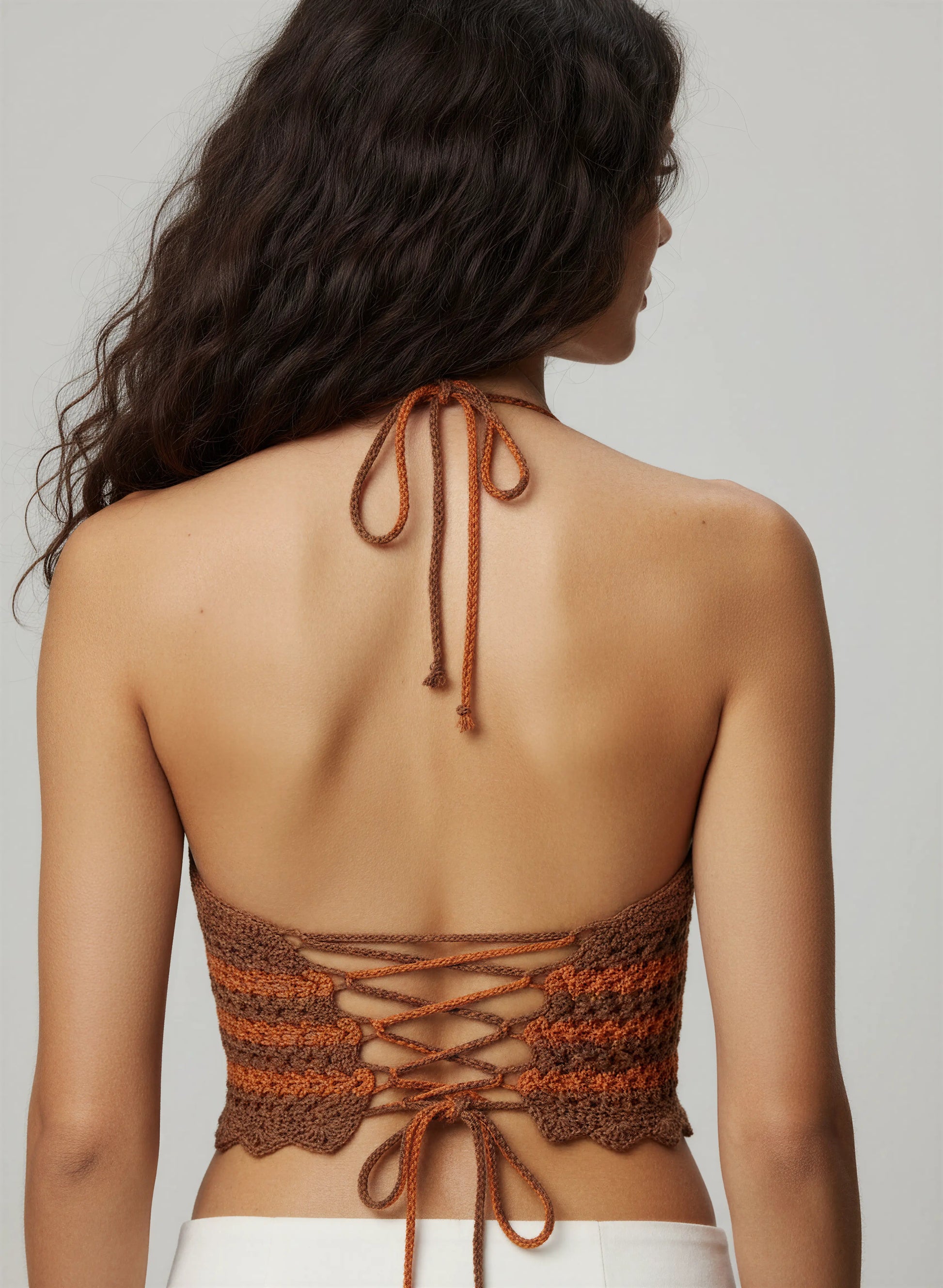 Top dos nu crochet fait main Choco chocolat orange dos nu lien halter tressé lacet corset croisé – Cachalabibi