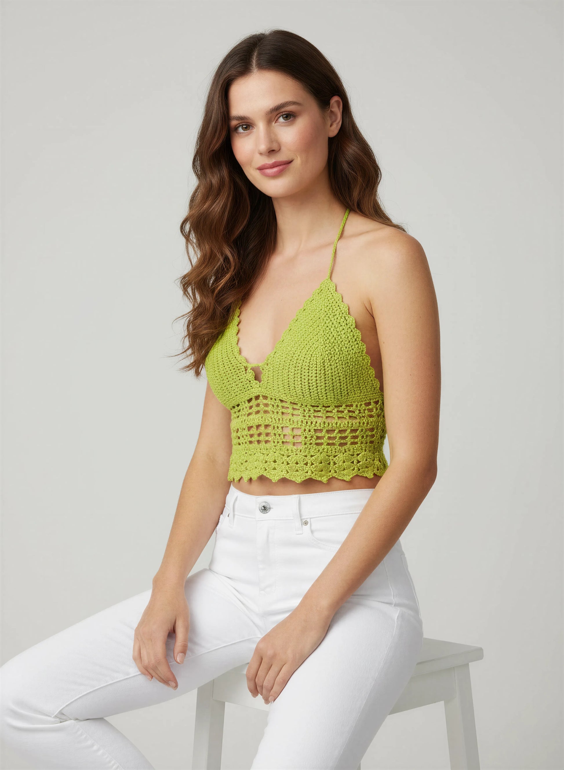 Top dos nu crochet fait main Citronnelle vert citron V profond nœud central filet carré bretelles spaghetti – Cachalabibi