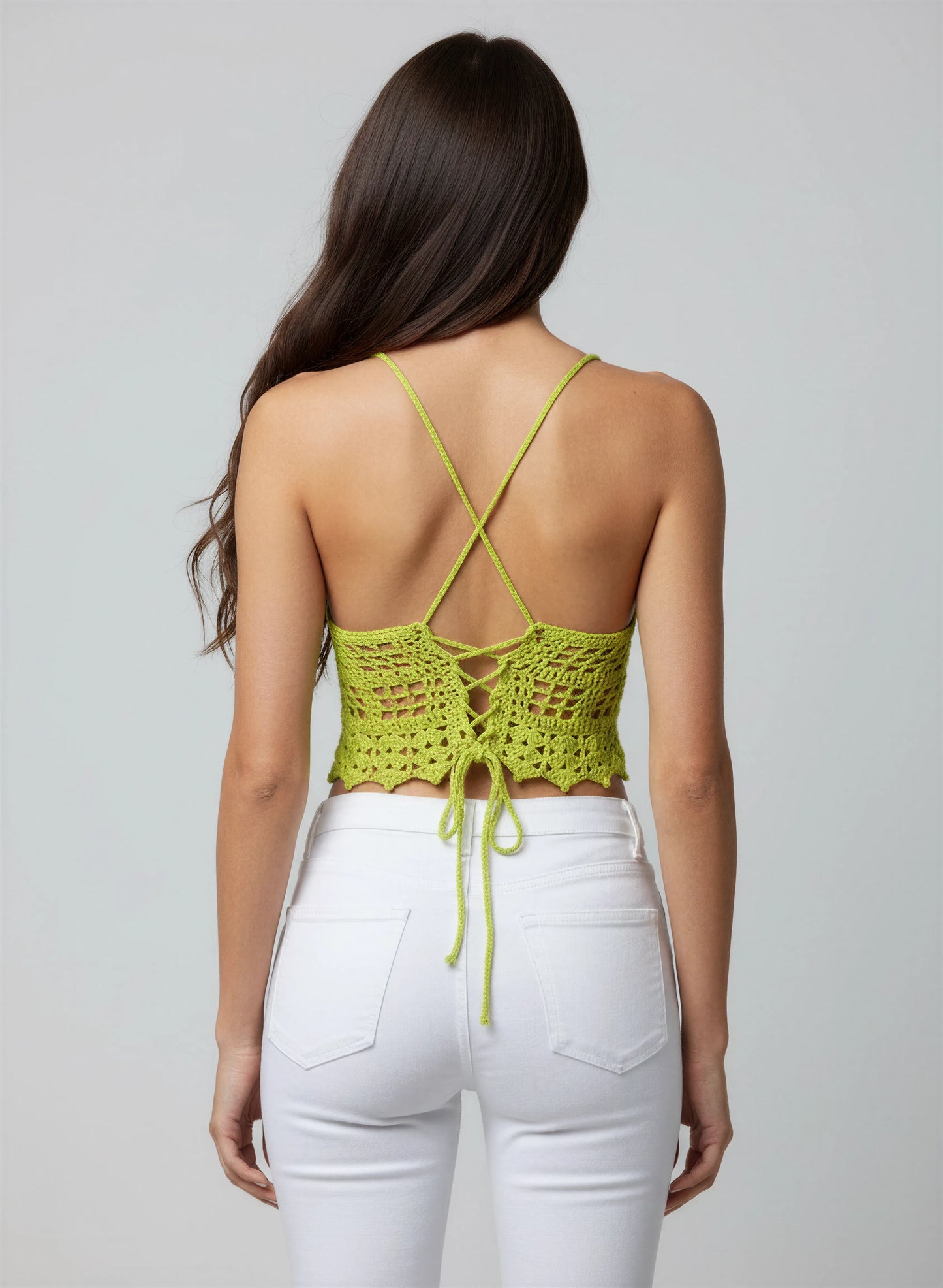 Top dos nu crochet fait main Citronnelle vert citron bretelles spaghetti croisées lacet corset dos pendant – Cachalabibi