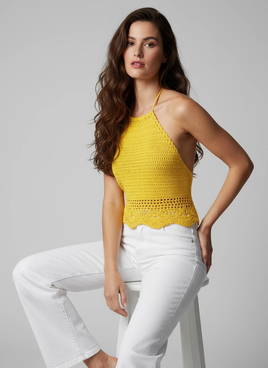 Top dos nu crochet fait main Kaliento jaune soleil filet grandes mailles halter bordure éventail crop – Cachalabibi