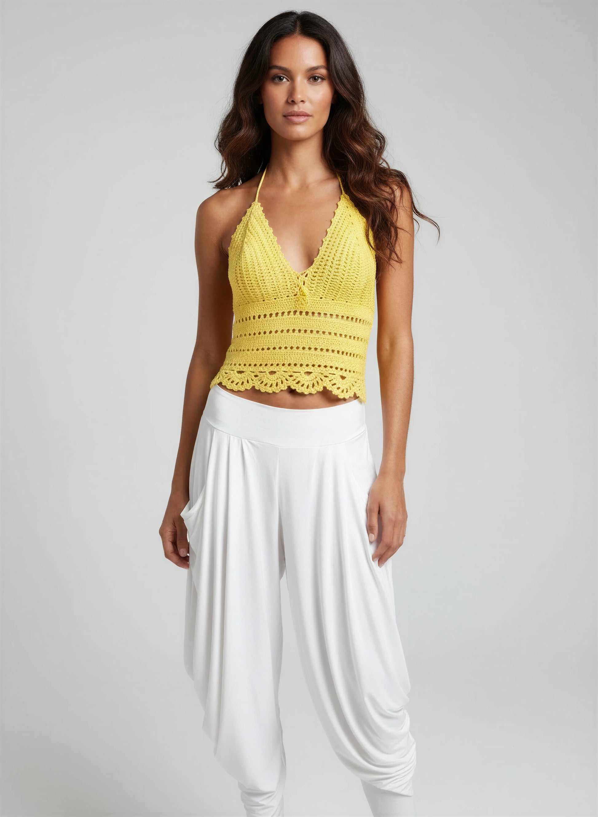Top dos nu crochet fait main L'été s'ra chaud jaune soleil V profond filet ajouré bordure éventail – Cachalabibi