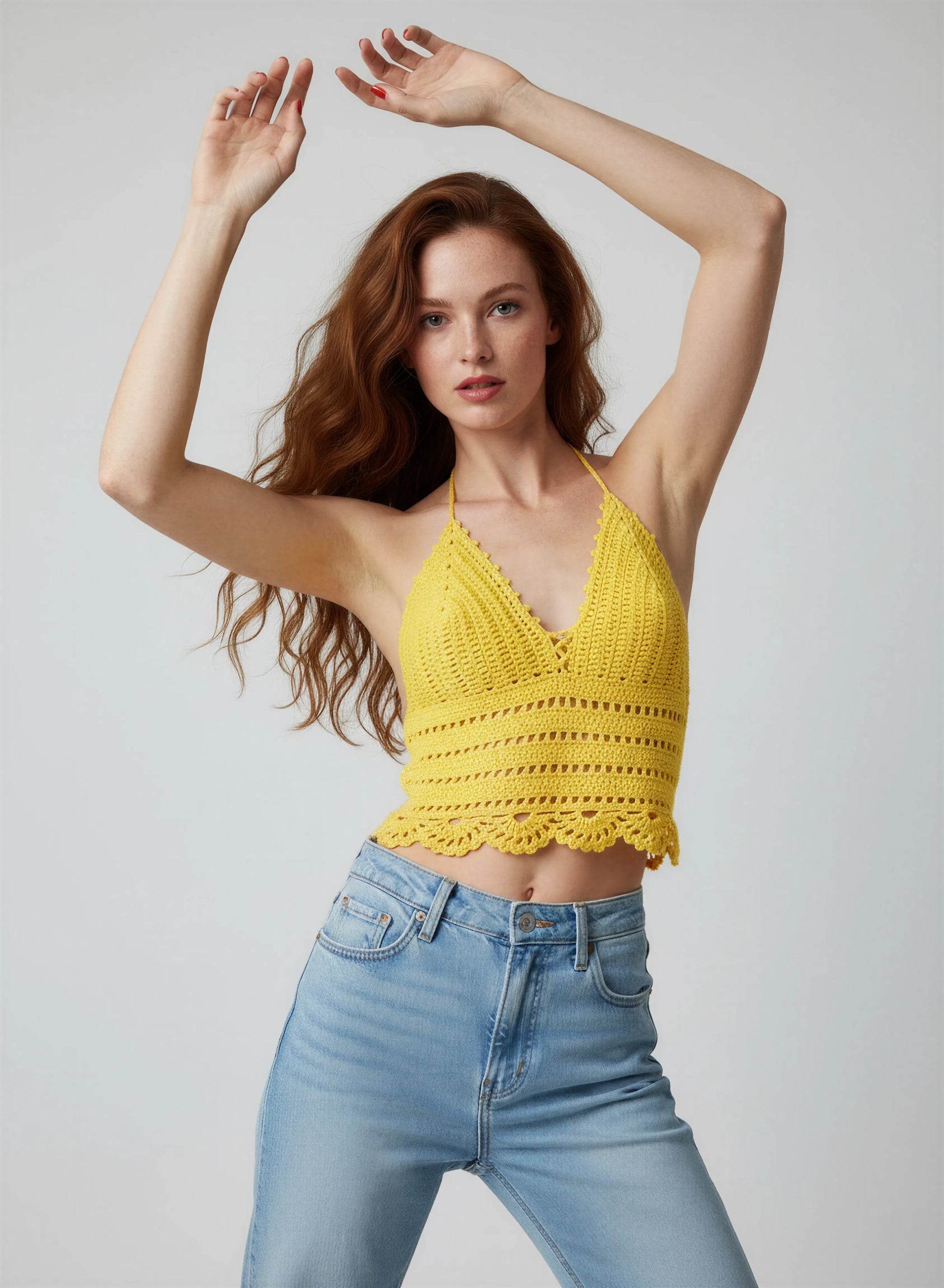 Top dos nu crochet fait main L'été s'ra chaud jaune soleil bretelles halter nuque bordure éventail crop – Cachalabibi
