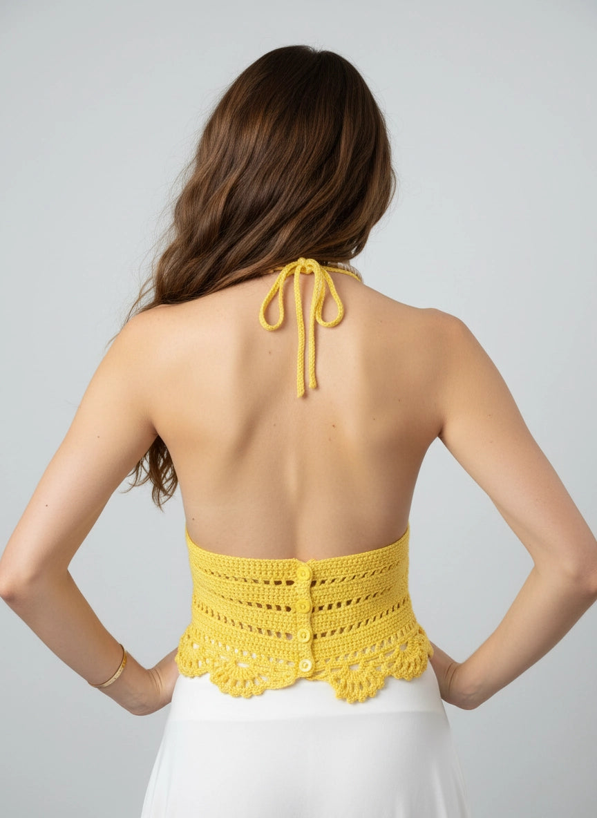 Top dos nu crochet fait main L'été s'ra chaud jaune soleil dos nu boutons pression lien halter nuque – Cachalabibi