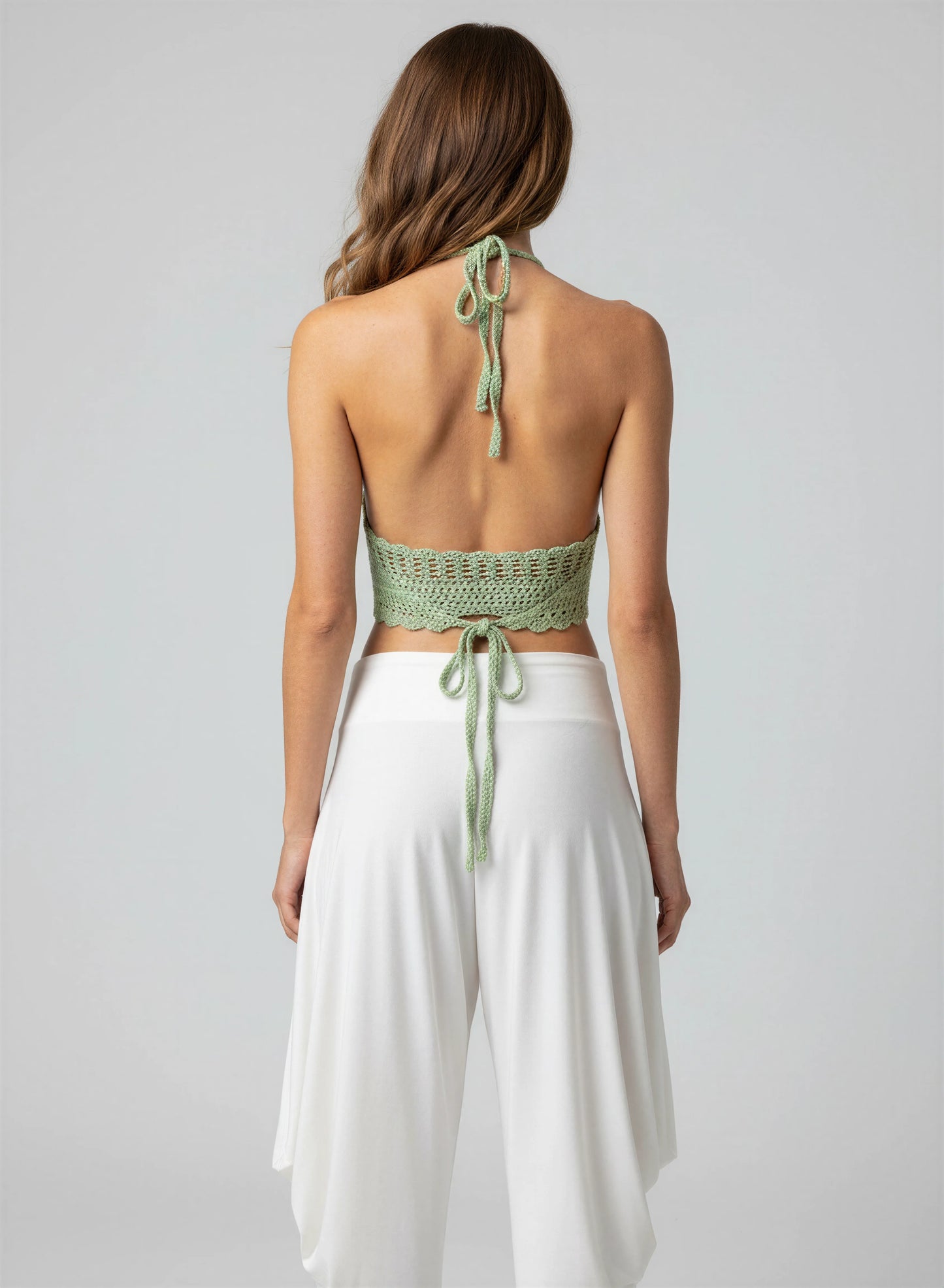 Top dos nu crochet fait main Pasteline vert amande lien corset dos bordure festonnée éventail détail – Cachalabibi
