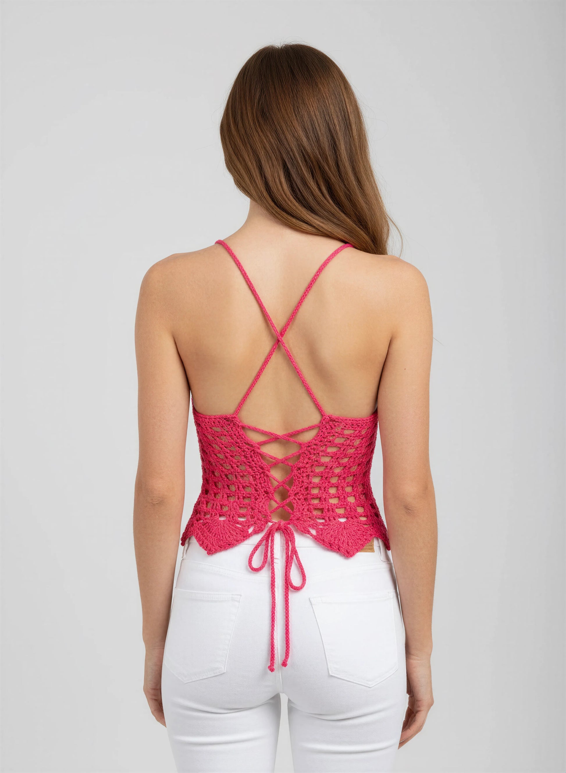 Top dos nu crochet fait main Rosita fuchsia lacet corset dos bretelles spaghetti croisées vue dos – Cachalabibi