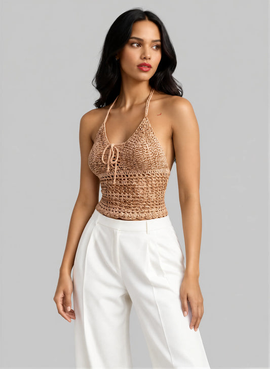 Top dos nu crochet fait main Luttino caramel doré - vue de face – Cachalabibi