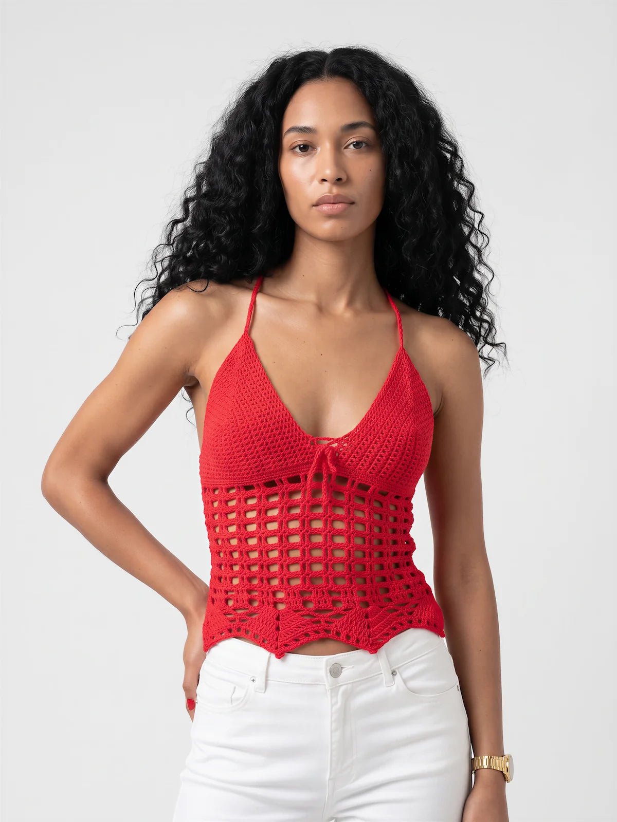 Top dos nu crochet fait main Rossomar fuchsia filet carré V profond - Vue de face – Cachalabibi