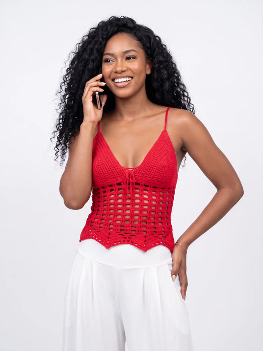 Top dos nu crochet fait main Rosomar fuchsia empiècement côte serrée filet carré V profond détail – Cachalabibi
