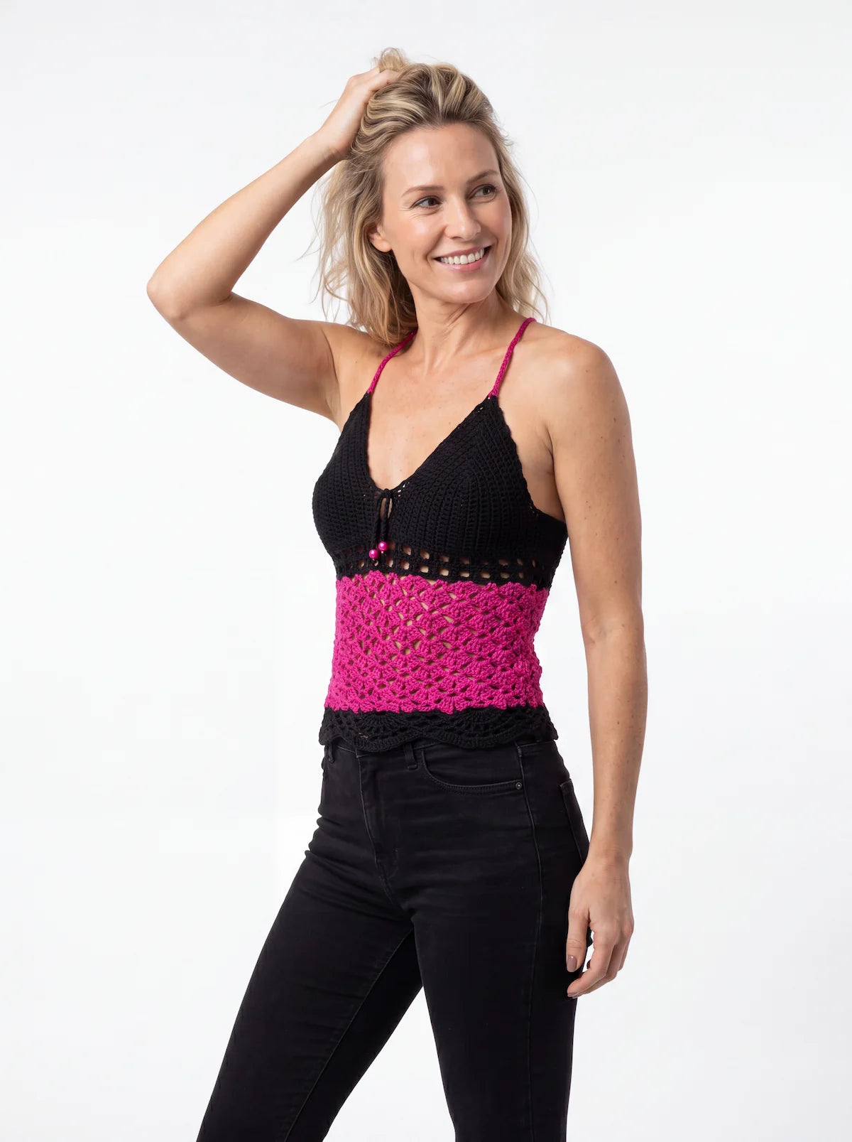 Top dos nu femme Blackrose - Noir et rose - Crochet fait main - Taille 36