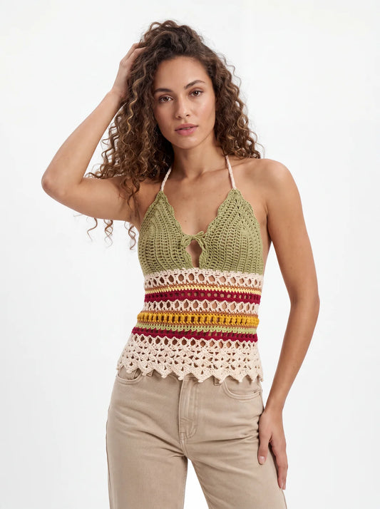 Top dos nu crochet multicolore Morabeza, col V noué, bandes vert sauge et blanc cassé — Cachalabibi