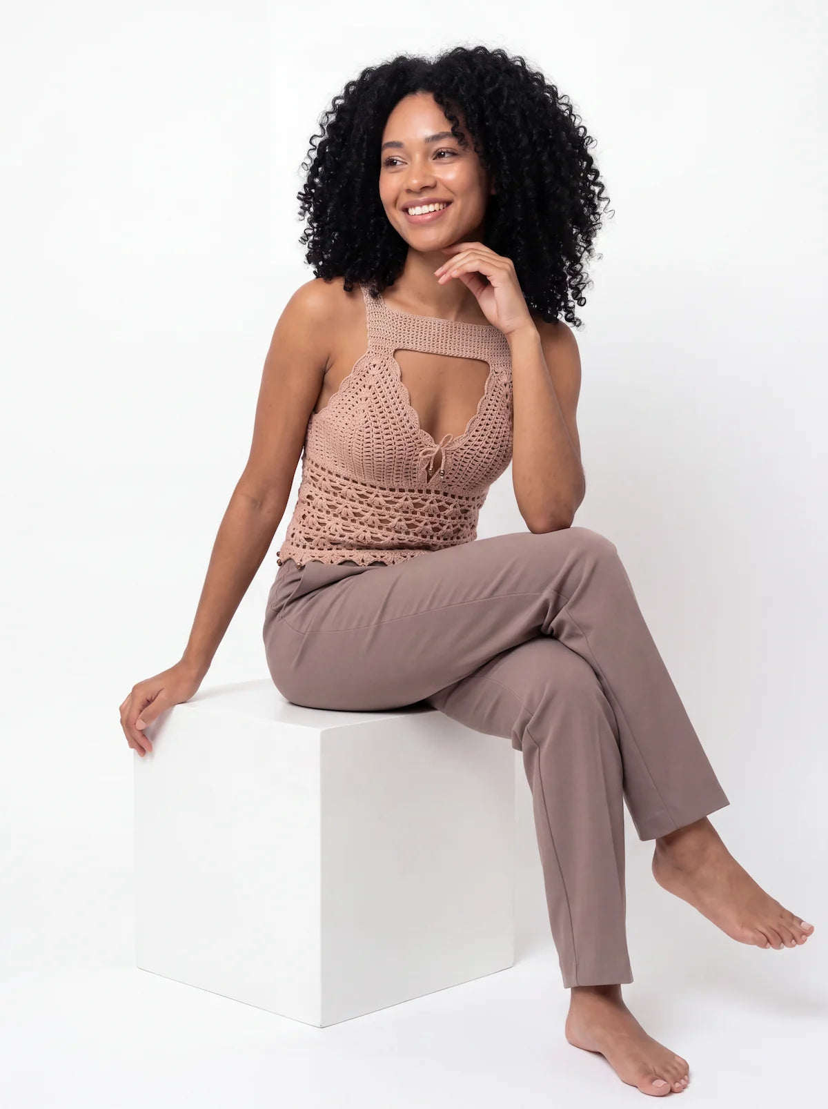 Top dos nu femme Morna - Beige - Crochet fait main - Taille 36/38
