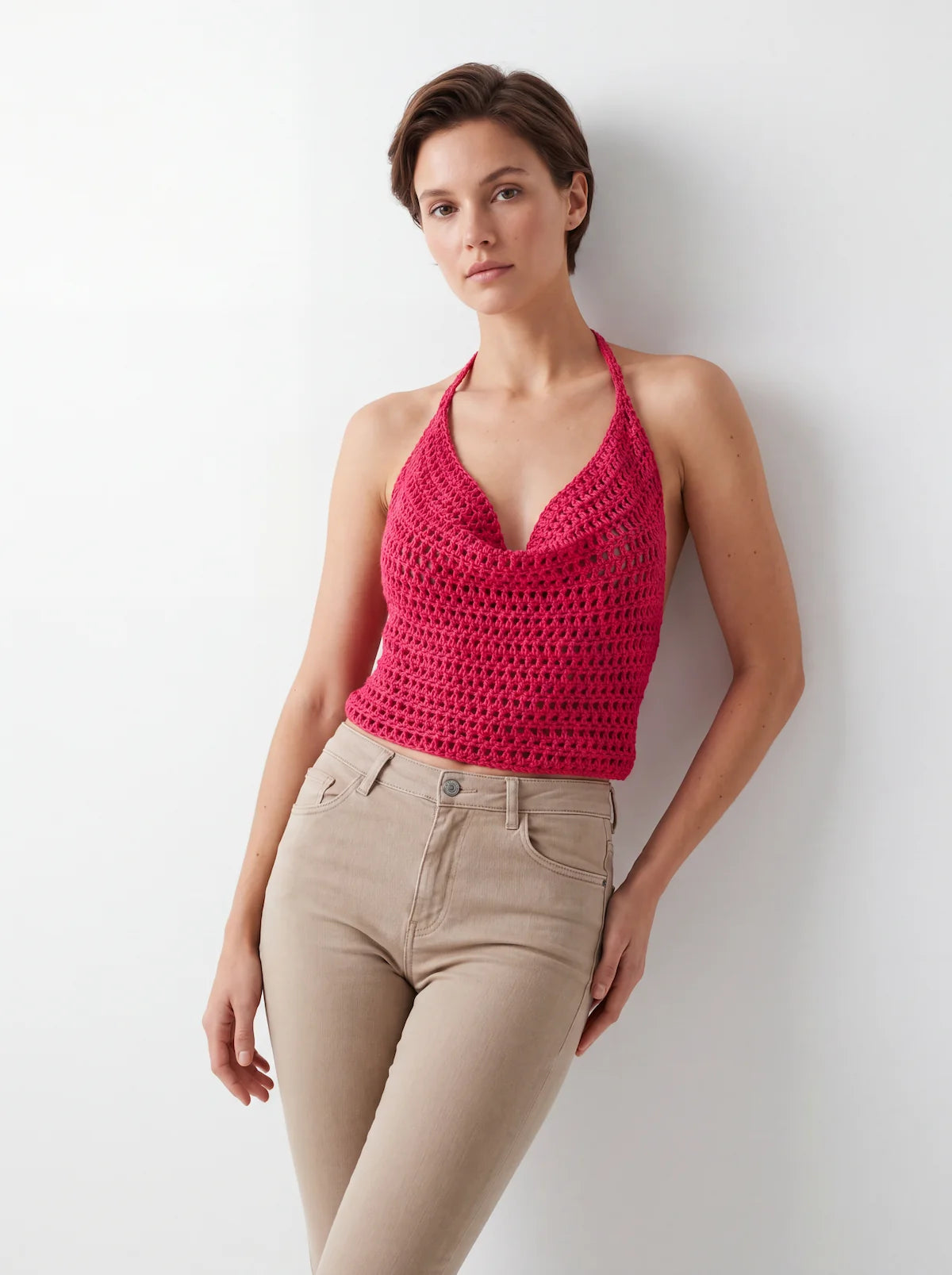 Top dos nu femme Rosabello - rose - Crochet fait main - Taille 38