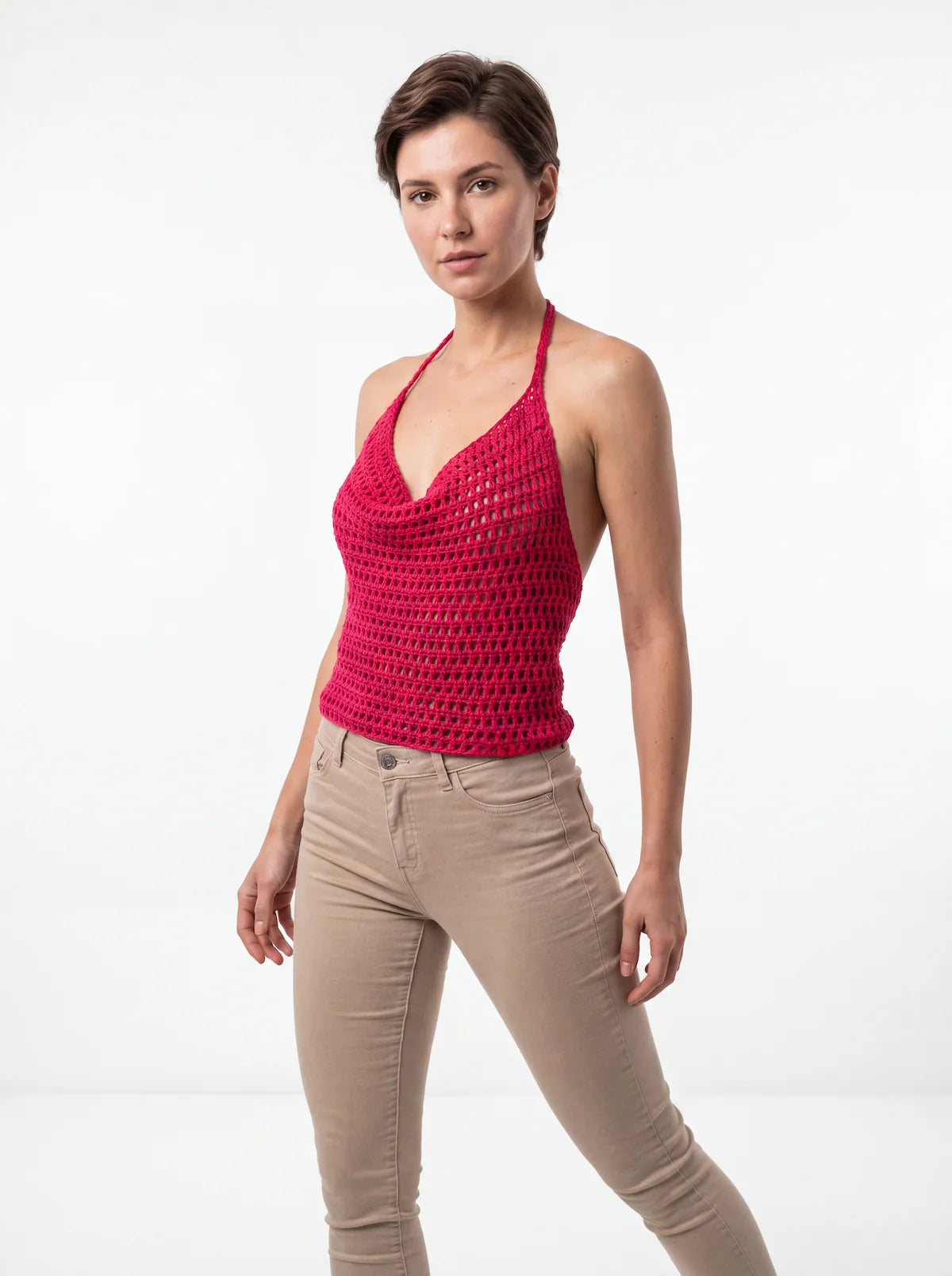 Top dos nu femme Rosabello - rose - Crochet fait main - Taille 38