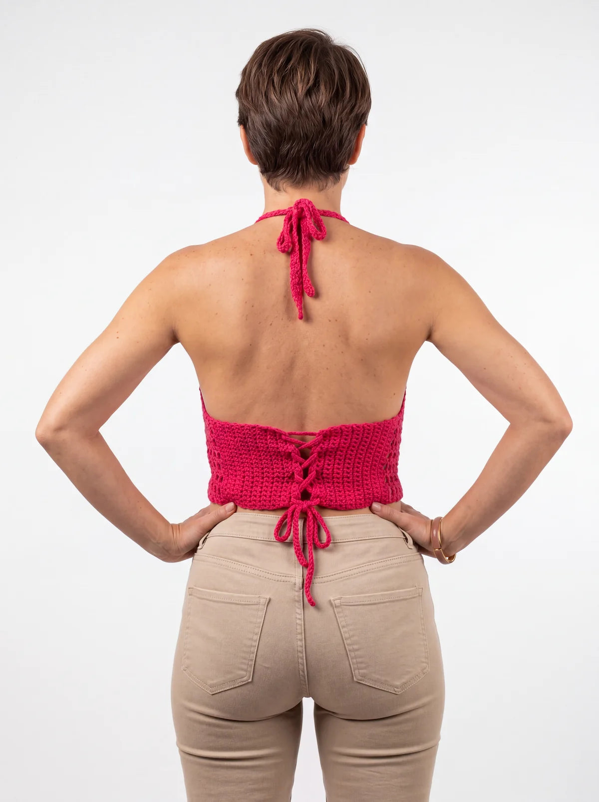 Top dos nu femme Rosabello - rose - Crochet fait main - Taille 38