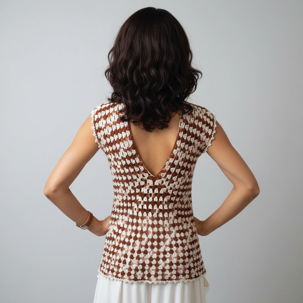 Tunique crochet fait main Couleur Café marron crème décolleté dos en V vue dos – Cachalabibi