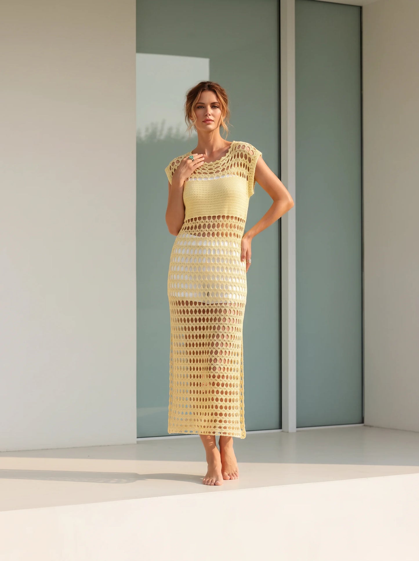 Tunique crochet fait main Sahara jaune citron mailles ajourées vue face – Cachalabibi 
