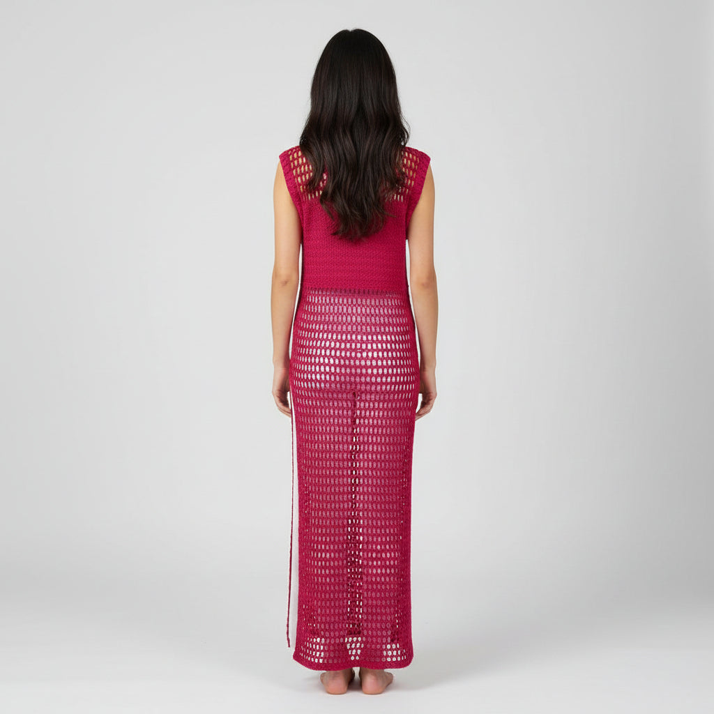 Tunique maxi crochet fait main Eden rouge framboise mailles ajourées vue dos – Cachalabibi 