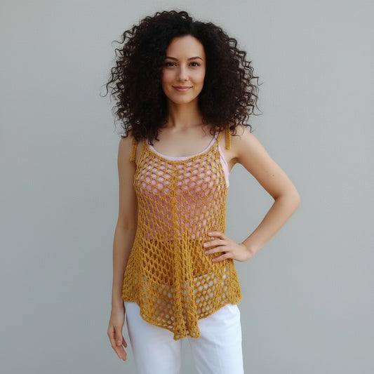 Tunique crochet fait main Chiccodorzo jaune ocre mailles filet vue face – Cachalabibi