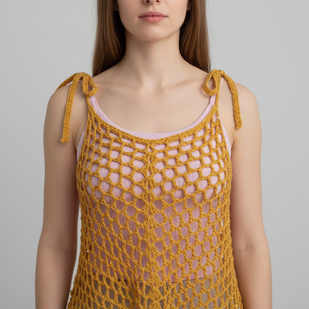 Tunique crochet fait main Chiccodorzo jaune ocre détail mailles filet bretelles nouées – Cachalabibi 
