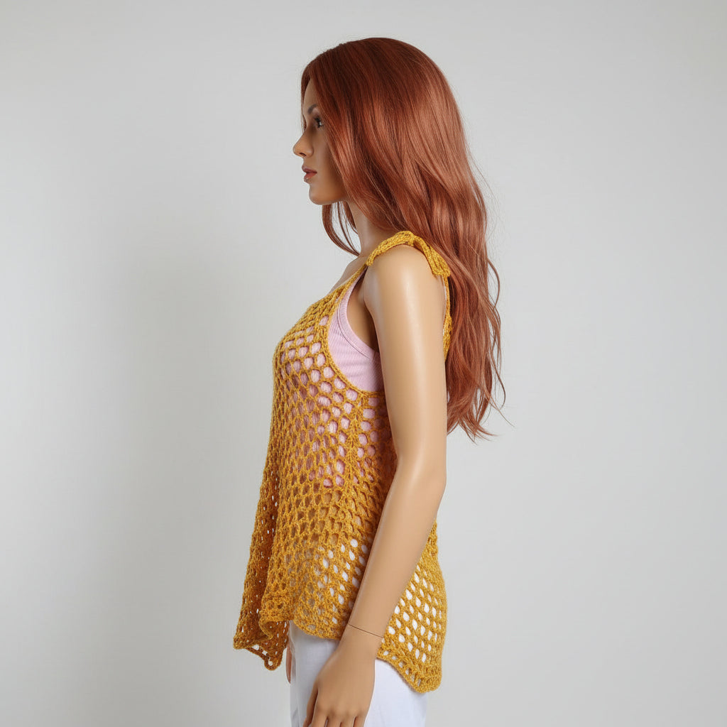 Tunique crochet fait main Chiccodorzo jaune ocre mailles filet profil longueur complète – Cachalabibi