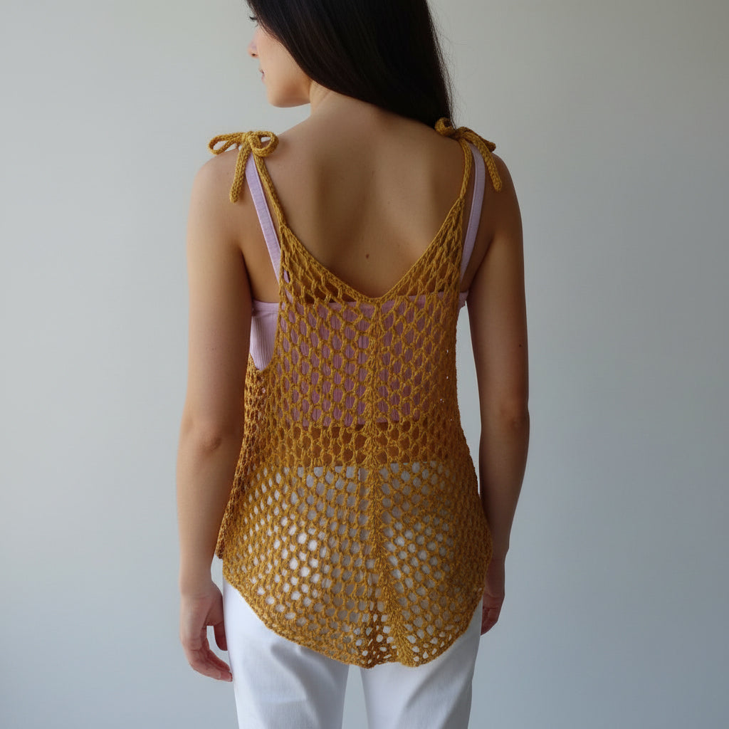Tunique crochet fait main Chiccodorzo jaune ocre mailles filet vue dos bretelles nouées – Cachalabibi