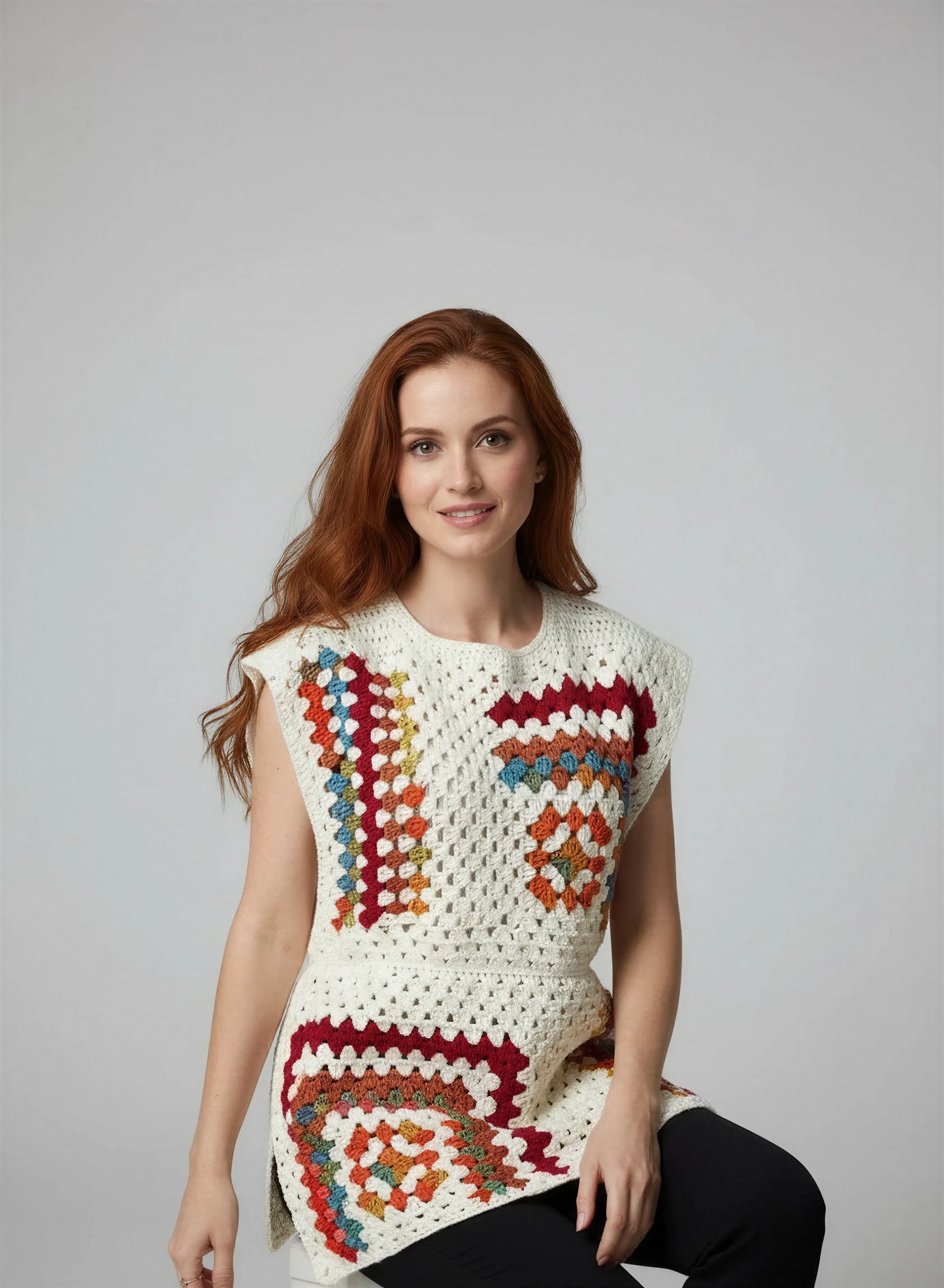 Tunique crochet fait main Dédalina écru carrés granny multicolores patchwork encolure ronde mi-cuisse – Cachalabibi
