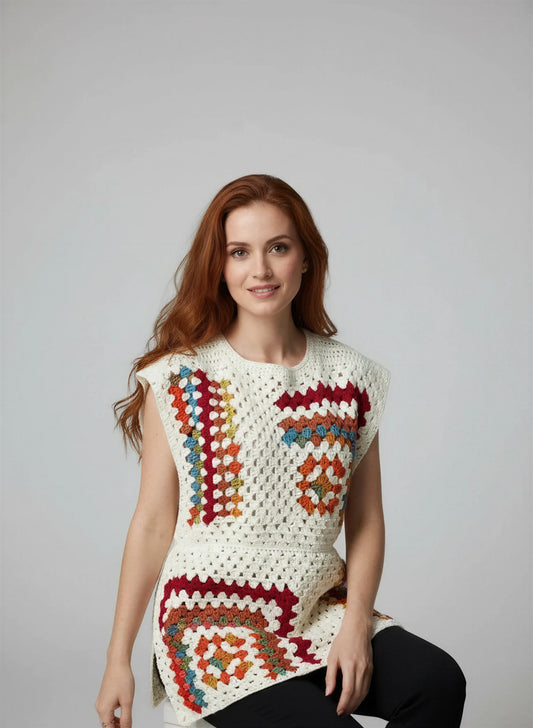 Tunique crochet fait main Dédalina écru carrés granny multicolores patchwork encolure ronde mi-cuisse – Cachalabibi