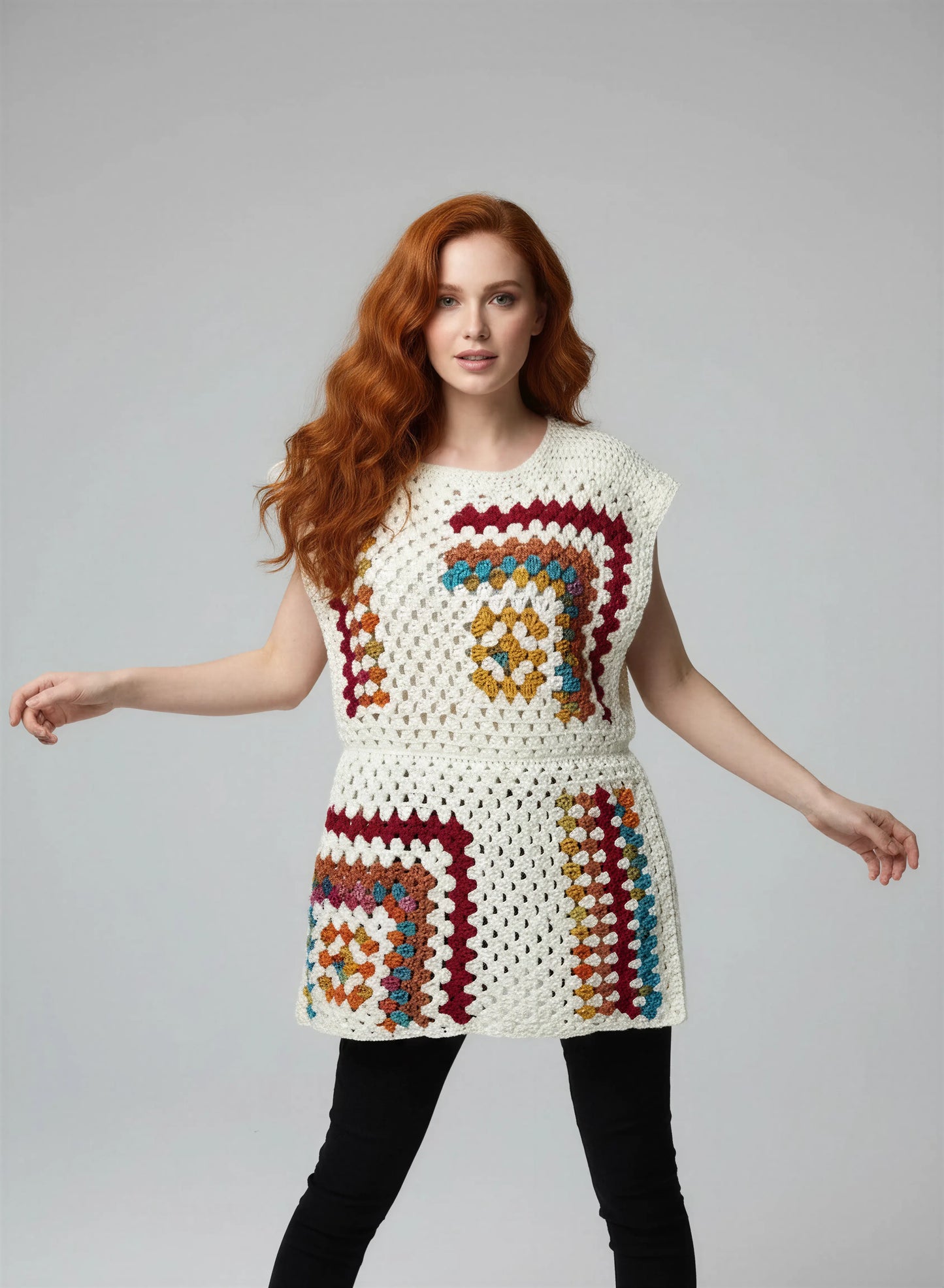 Tunique crochet fait main Dédalina écru grands carrés granny multicolores filet écru longueur tunique – Cachalabibi