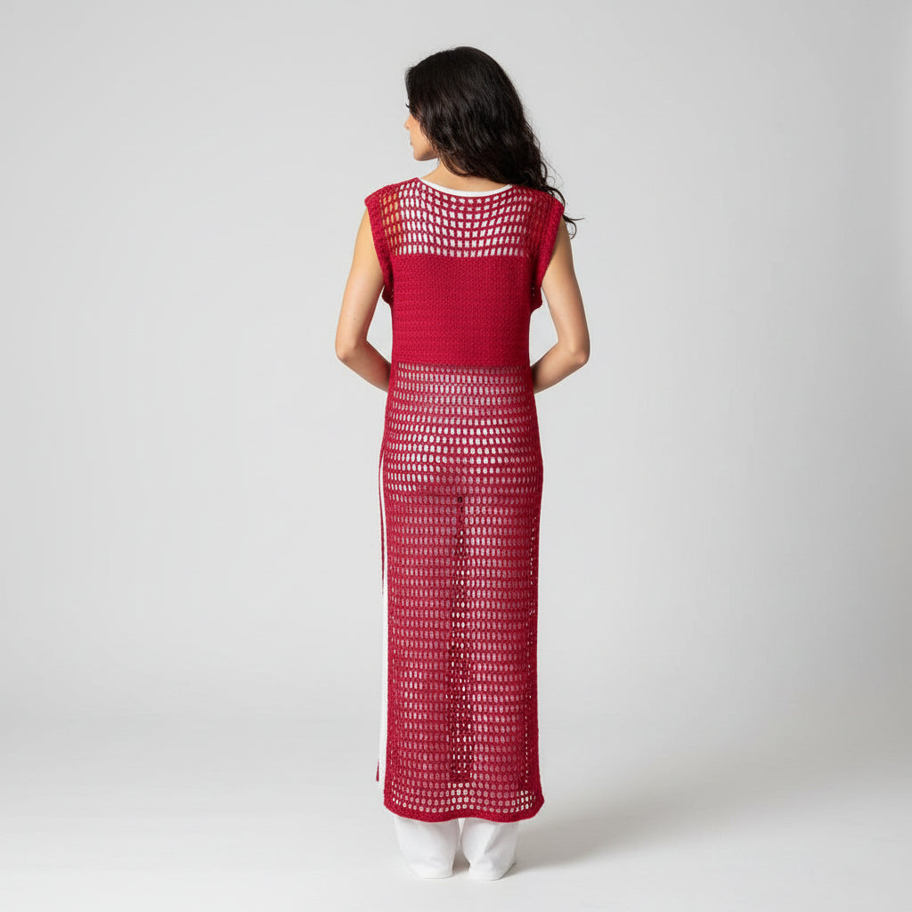 Tunique maxi crochet fait main Eden rouge framboise mailles ajourées vue dos – Cachalabibi 