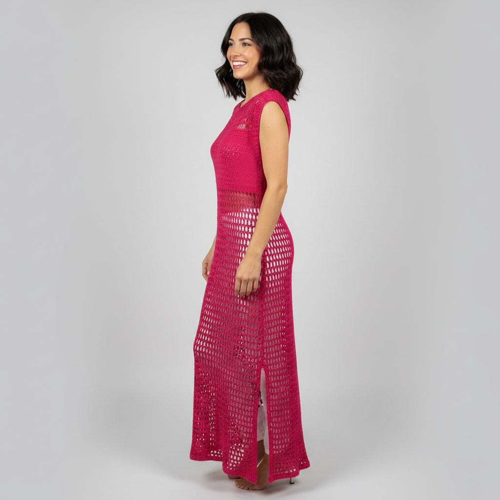 Tunique maxi crochet fait main Eden rouge framboise mailles ajourées profil fente – Cachalabibi 