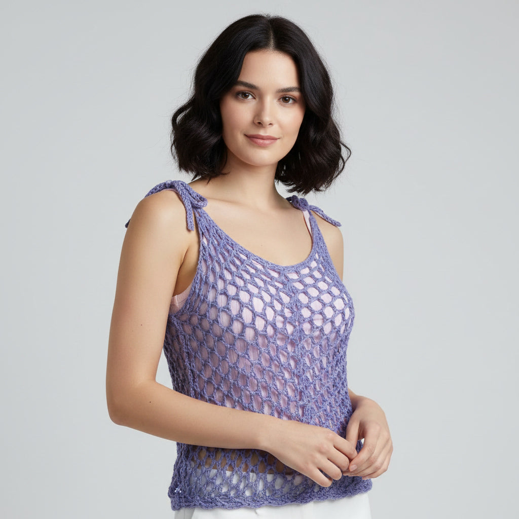 Tunique crochet fait main Figueira mauve détail mailles filet bretelles nouées encolure – Cachalabibi 