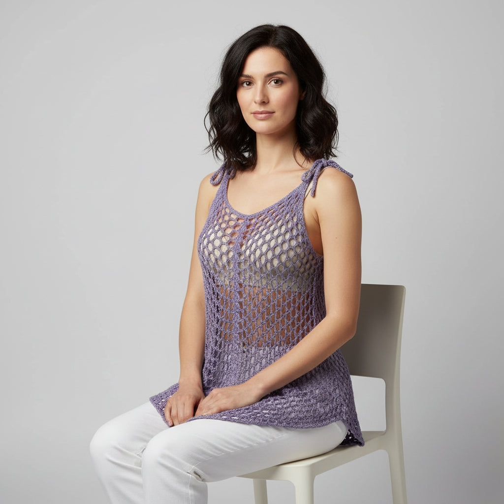 Tunique crochet fait main Figueira mauve mailles filet bretelles nouées pose assise – Cachalabibi 