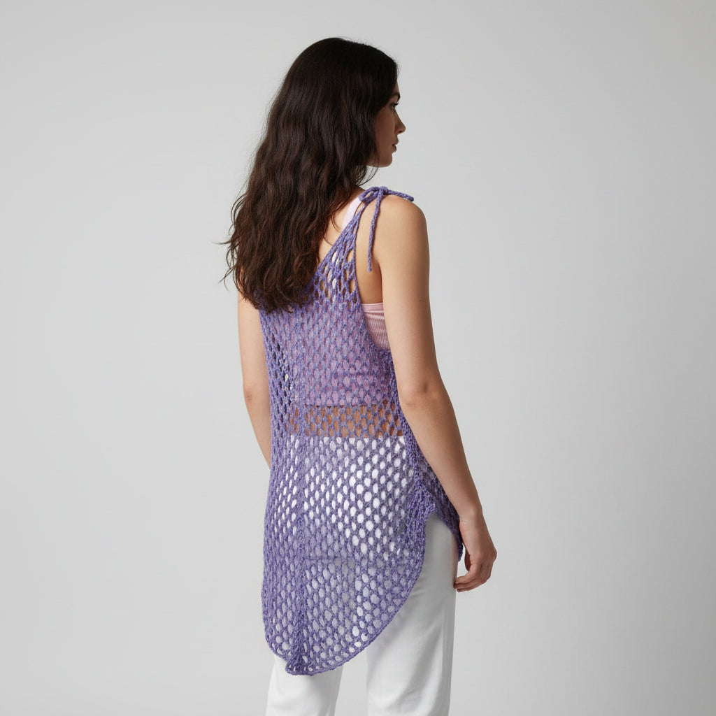 Tunique crochet fait main Figueira mauve mailles filet bretelles nouées vue dos – Cachalabibi 