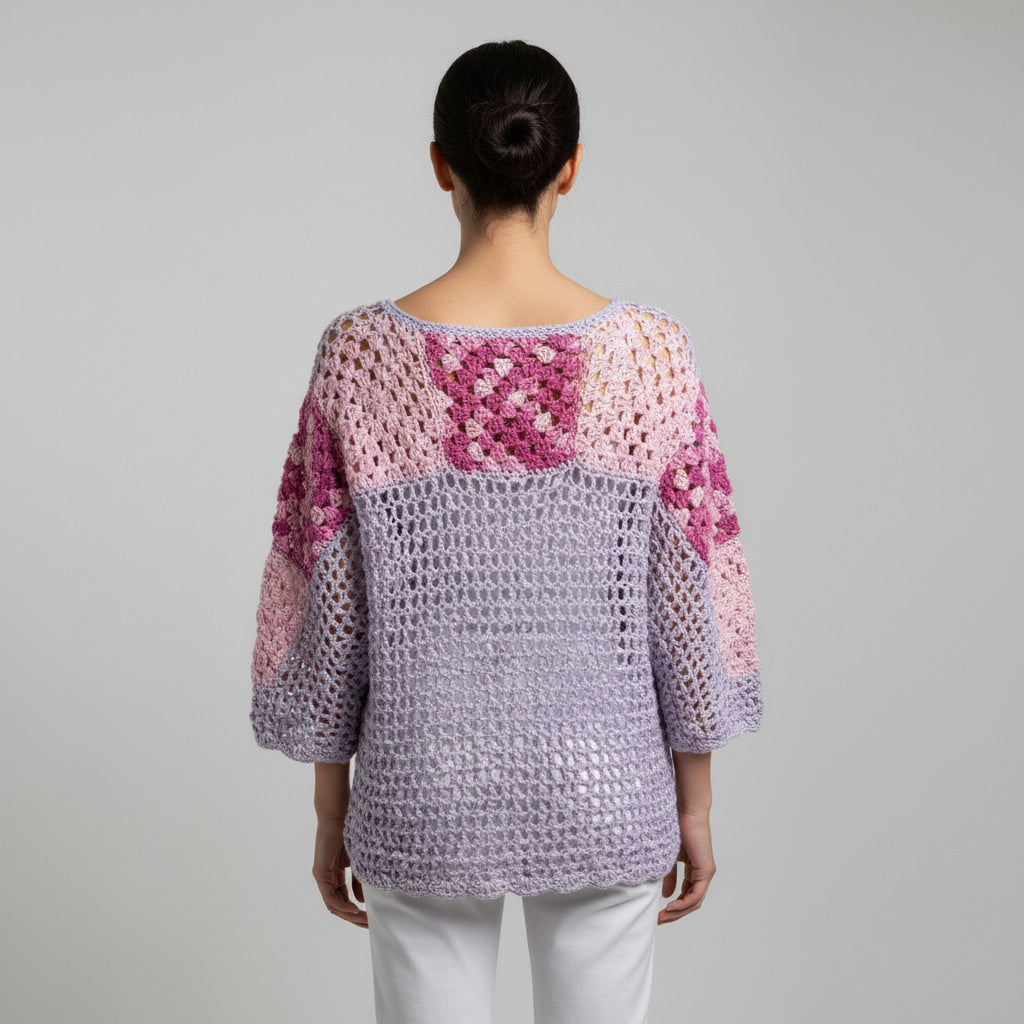 Tunique poncho crochet fait main Lupina granny squares lavande rose vue dos – Cachalabibi