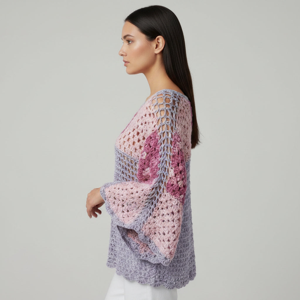 Tunique poncho crochet fait main Lupina granny squares lavande rose profil gauche – Cachalabibi 