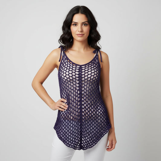 Tunique crochet fait main Mirtillo bleu marine mailles filet vue face longueur complète – Cachalabibi
