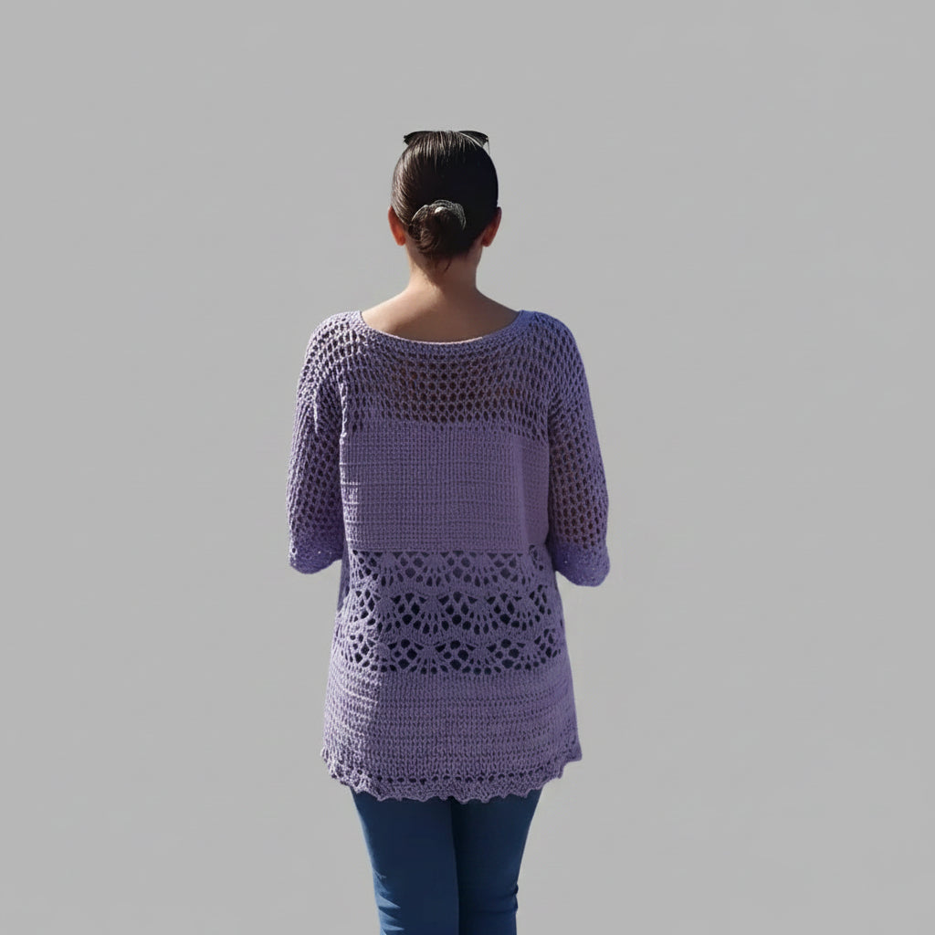 Tunique crochet fait main Prunella violine mailles ajourées point éventail vue dos – Cachalabibi 