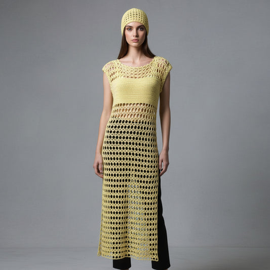 Tunique crochet fait main Sahara jaune citron mailles ajourées avec bonnet – Cachalabibi 