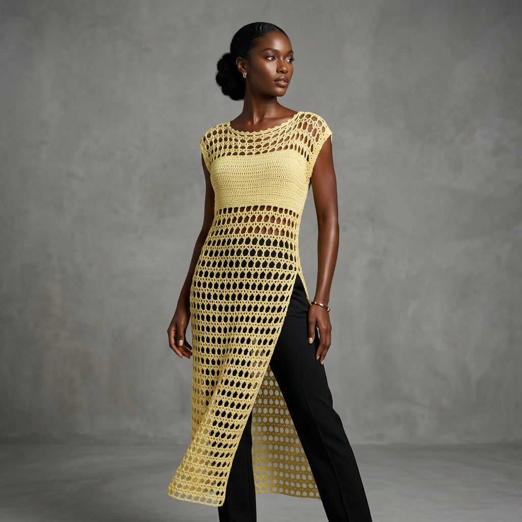 Tunique crochet fait main Sahara jaune citron mailles ajourées fente latérale – Cachalabibi 
