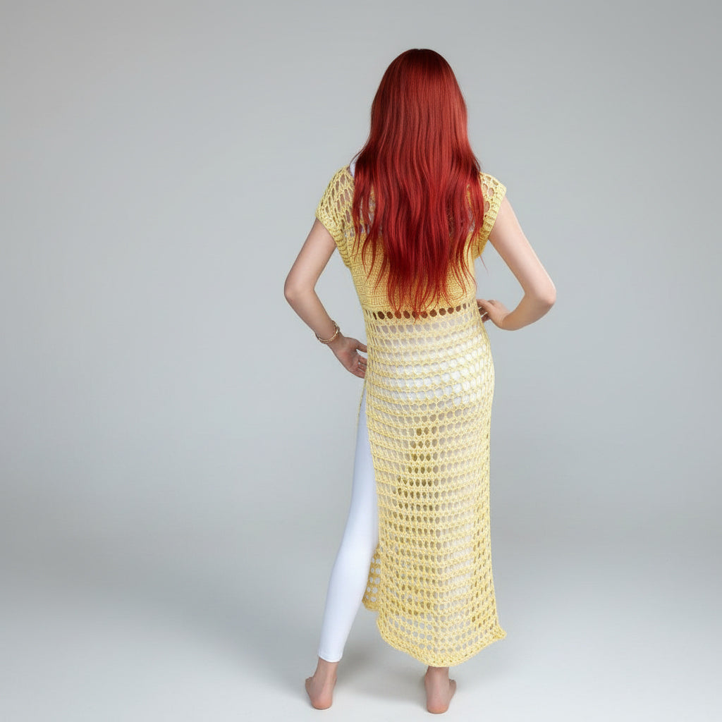 Tunique crochet fait main Sahara jaune citron mailles ajourées vue dos – Cachalabibi 