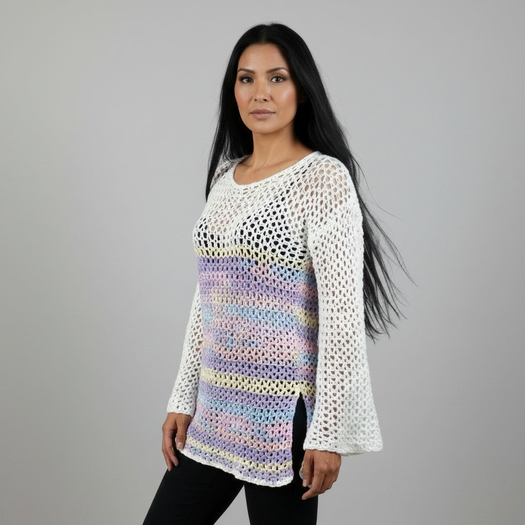 Tunique crochet fait main Sambalaya blanc rayures pastel manches cloche profil – Cachalabibi