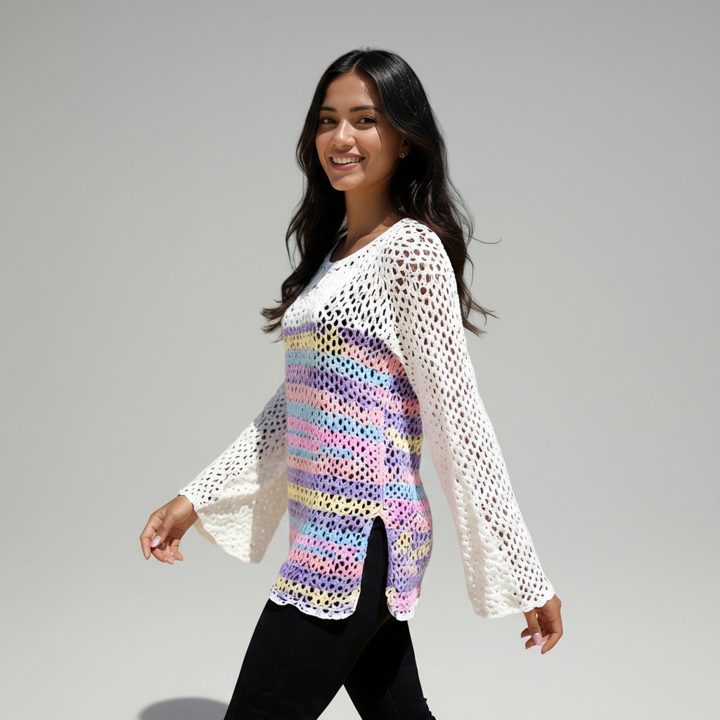 Tunique crochet fait main Sambalaya blanc rayures pastel mailles ajourées profil dos – Cachalabibi 