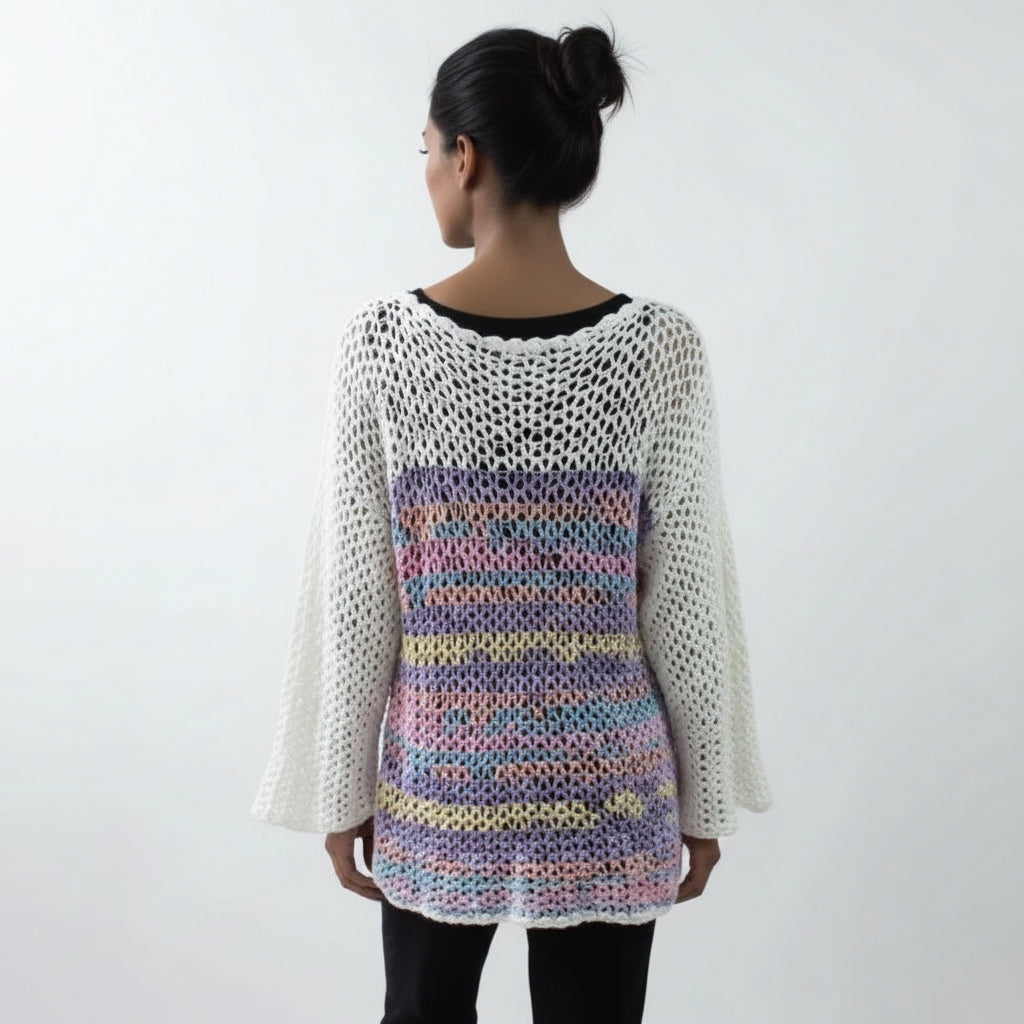 Tunique crochet fait main Sambalaya blanc rayures pastel vue dos manches cloche – Cachalabibi 