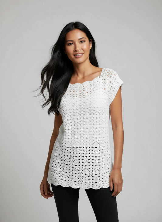 Tunique crochet fait main Tunica blanc écru filet losanges ajourés encolure bateau festonnée fente latérale – Cachalabibi