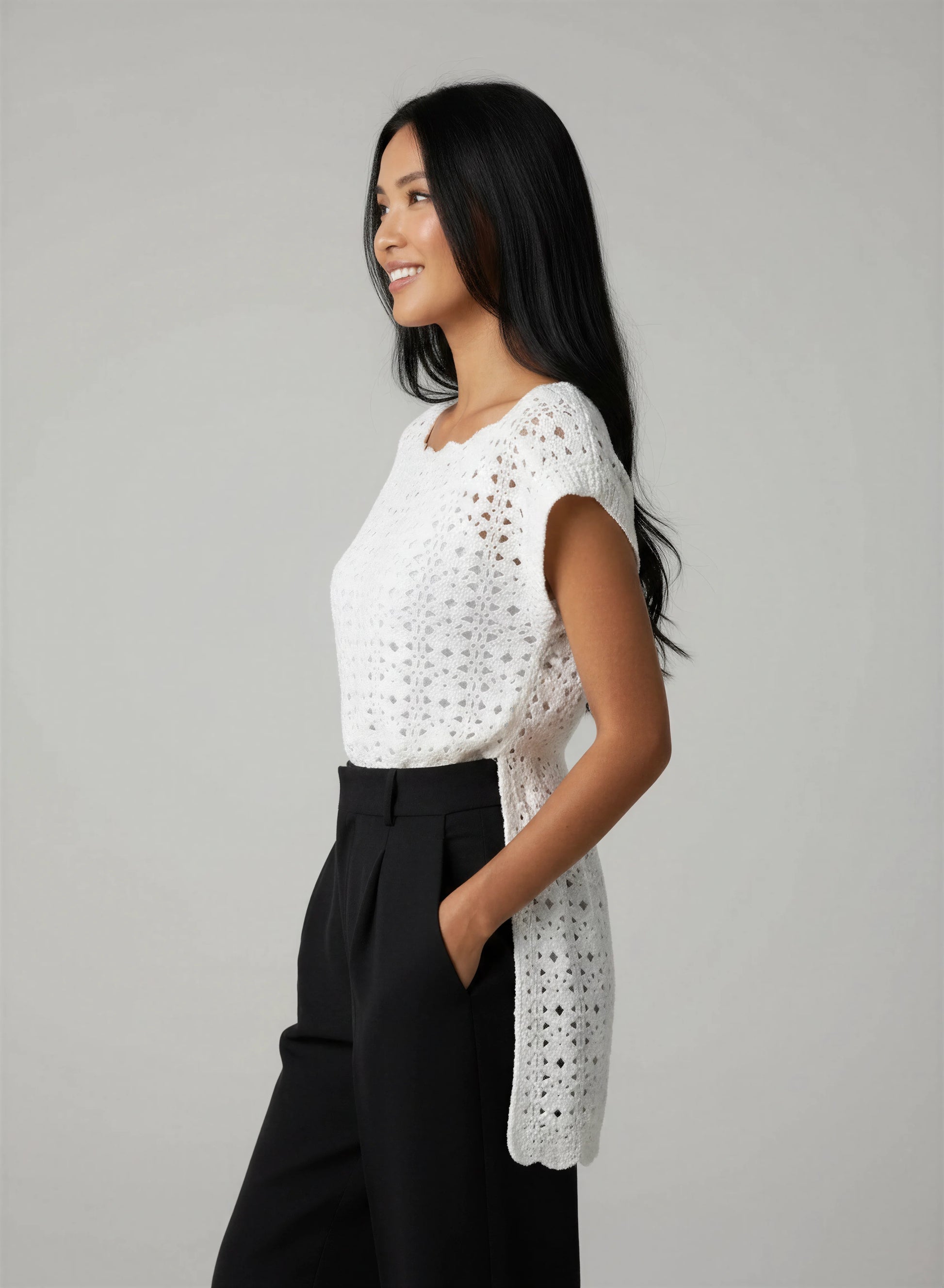 Tunique crochet fait main Tunica blanc écru filet losanges manches courtes bordure festonnée vagues mi-cuisse – Cachalabibi